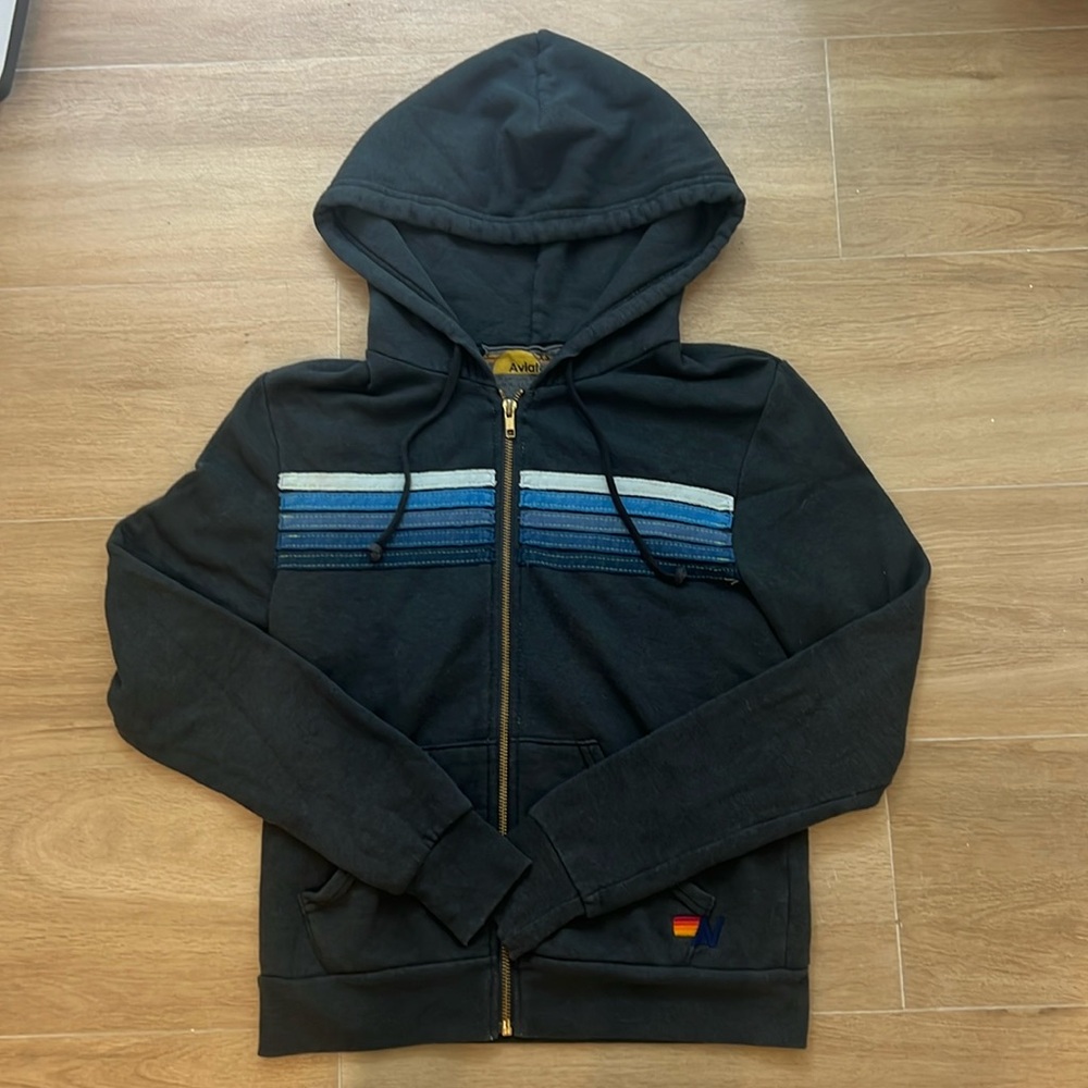 Aviator Nation Black Hoodie with Blue Stripes